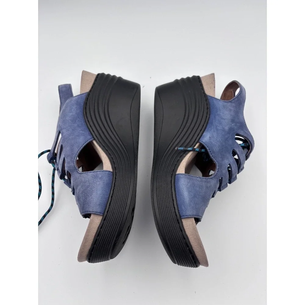 Bionica Blue‎ Leather Wedge Sandals Womens 9 M Bungee Lace Up Gladiator 4552207